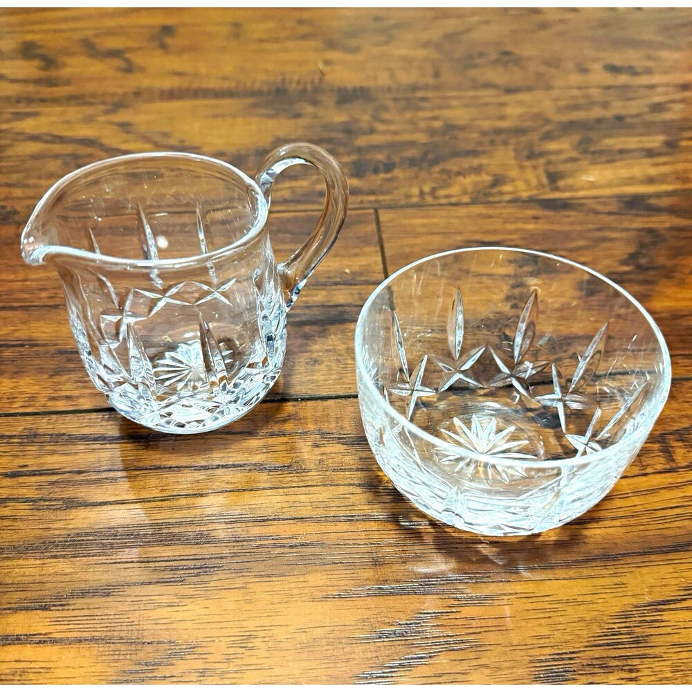 Vtg Clear Cut Crystal Creamer & Sugar Bowl Set, 2-Piece, Handles, Traditional T7